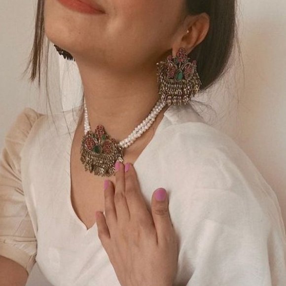 Afghan Three Flower Jewelry Set, Tribal Afghan Pearls Choker With Earrings - Picture 3 of 7